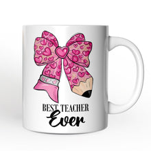 Carregar imagem no visualizador da galeria, Pencil Coquette Teacher Bow Personalized Mug, Cute Appreciation Present, Back To School Gift With Custom Name