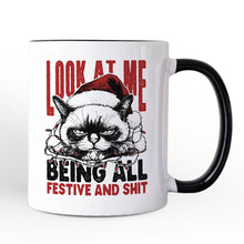 Carregar imagem no visualizador da galeria, Grumpy Christmas Cat Personalized Mug, Funny Santa Hat Holiday Lights Gift for Sarcastic Festive People with Custom Name