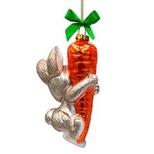 Carregar imagem no visualizador da galeria, (Pre-Order) Playful Bunny Hanging on Carrot Glass Ornament, Christmas Gift for Kids