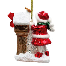 Carregar imagem no visualizador da galeria, (Pre-Order) Quaint Little Winter Girl Feeding the Birds Glass Christmas Ornament, Cardinal Birdhouse Tree Decor