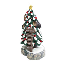 Load image into Gallery viewer, Whimsical Bigfoot Behind Christmas Tree Figurine, 7.5" Funny Holiday Yeti LED Statue, He Sees You When You're Sleeping