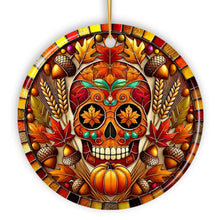 Carregar imagem no visualizador da galeria, Autumn Harvest Sugar Skull Ornament, Vibrant Fall Foliage Christmas Gift and Decor