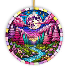 Load image into Gallery viewer, Enchanted Forest Glow Pink Themed Ornament, Mystical Moonlit Landscape Gift and Decor