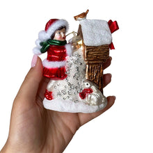 Carregar imagem no visualizador da galeria, (Pre-Order) Quaint Little Winter Girl Feeding the Birds Glass Christmas Ornament, Cardinal Birdhouse Tree Decor