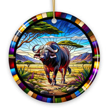 Carregar imagem no visualizador da galeria, African Buffalo Wildlife Encounter Stained Glass Style Ceramic Ornament, Safari Animals Christmas Gift and Decor