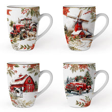 Carregar imagem no visualizador da galeria, Fancy Farmhouse Holiday Set of 4 Ceramic Mugs with Real Gold Trim, Rustic Christmas Kitchen Coffee Cup Decoration
