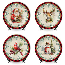 Carregar imagem no visualizador da galeria, Holiday Cheer Set of 4 Plates with Real Gold Plaid Trim, Christmas Tableware Collection for Salad, Dessert, Appetizer, and Side Plates
