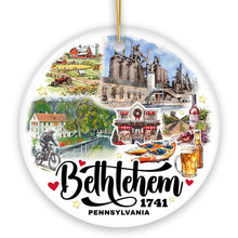 Carregar imagem no visualizador da galeria, Artistic Bethlehem City Ceramic Watercolor Ornament, Pennsylvania State Colonial and Industrial Christmas Gift