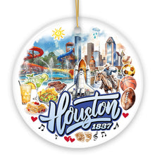 Load image into Gallery viewer, Artistic Houston Ceramic Ornament, Texas Souvenir with Vintage City Elements and Space Shuttle