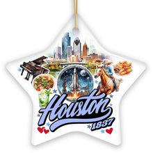 Load image into Gallery viewer, Artistic Houston Ceramic Ornament, Texas Souvenir with Vintage City Elements and Space Shuttle