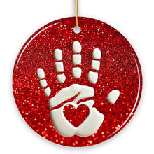 Carregar imagem no visualizador da galeria, Baby Handprint in Red Glitter Themed Ornament, Christmas Nursery Keepsake and Tree Decor