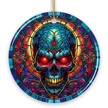 Load image into Gallery viewer, Bone-Chilling Spooky Skull Stained Glass Style Ceramic Ornament, Halloween Themed Christmas Gift and Decor