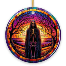 Load image into Gallery viewer, Bony Fright Halloween Skeleton Decor Stained Glass Style Ceramic Ornament, Halloween Themed Christmas Gift and Decor