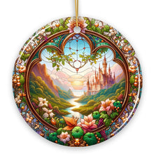 Cargar imagen en el visor de la galería, Castle Art with Lush Forest Stained Glass Style Ceramic Ornament, Christmas Gift and Decor
