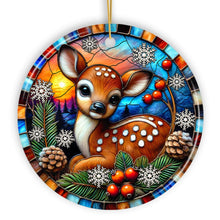 Cargar imagen en el visor de la galería, Charming Fawn in Snowy Sunset Ornament, Delightful Woodland Scene for Christmas Decor