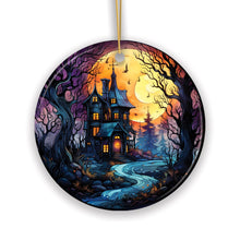 Load image into Gallery viewer, Eerie Abode Amidst Spooky Trees Stained Glass Style Ceramic Ornament, Halloween Themed Christmas Gift and Decor
