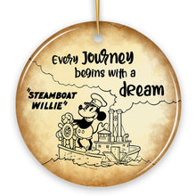 Carregar imagem no visualizador da galeria, Every Journey Begins With a Dream Quote Ornament, Vintage Steamboat Willie Christmas Keepsake
