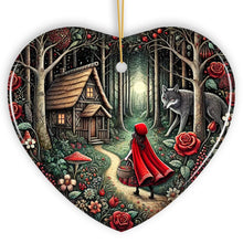 Cargar imagen en el visor de la galería, Folksy Sly Wolf and Red Riding Hood Ornament, Mystic Woodland Fantasy Holiday Decoration