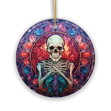 Load image into Gallery viewer, Ghastly Grins Haunted Halloween Skeleton Stained Glass Style Ceramic Ornament, Halloween Themed Christmas Gift
