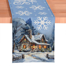 Carregar imagem no visualizador da galeria, Gracefully Artful Winter Cabin 72" Table Runner, Merry Christmas Blue Rectangle Tablecloth with Snowflakes