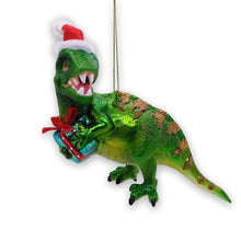 Carregar imagem no visualizador da galeria, Green Christmas T-Rex Glass Ornament