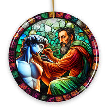 Carregar imagem no visualizador da galeria, Michelangelo Sculpting David in Stained Glass Themed Christmas Ornament, Renaissance Italy Gift and Decor