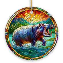 Load image into Gallery viewer, Mighty Hippopotamus Stained Glass Style Ceramic Ornament, African Animals Christmas Gift and Decor
