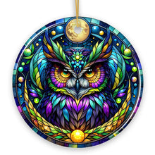 Carregar imagem no visualizador da galeria, Nocturnal Enchanter Mysterious Owl Stained Glass Style Ceramic Ornament, Halloween Themed Christmas Gift and Decor