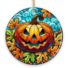 Carregar imagem no visualizador da galeria, Pumpkin Spice and Crispy Leaves Stained Glass Style Ceramic Ornament, Halloween Themed Christmas Gift and Decor