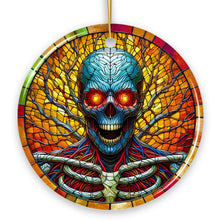 Carregar imagem no visualizador da galeria, Red-Eyed Skeleton for Halloween Frights Stained Glass Style Ceramic Ornament, Halloween Themed Christmas Gift