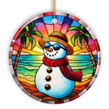 Carregar imagem no visualizador da galeria, Tropical Holiday Sunset Snowman Ornament, Vibrant Beach Christmas Keepsake