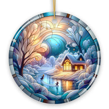 Carregar imagem no visualizador da galeria, Magical Winter Lake Cabin Ceramic Christmas Ornament, Stained Glass Theme Tree Decor