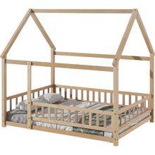 Carregar imagem no visualizador da galeria, Full Size Floor Wooden Bed with House Roof Frame, Fence Guardrails, Natural