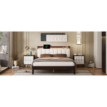 Carregar imagem no visualizador da galeria, 3-Pieces Bedroom Sets,Queen Size Wood Platform Bed and Two Nightstands,Storage Platform bed with USB and LED Lights-Walnut+Beige