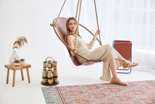Carregar imagem no visualizador da galeria, Genuine Leather Round Hanging Chair Brown Teak Frame