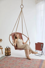 Carregar imagem no visualizador da galeria, Genuine Leather Round Hanging Chair Brown Teak Frame