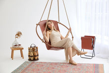 Carregar imagem no visualizador da galeria, Genuine Leather Round Hanging Chair Brown Teak Frame