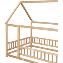 Carregar imagem no visualizador da galeria, Full Size Floor Wooden Bed with House Roof Frame, Fence Guardrails, Natural