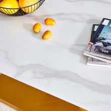 Carregar imagem no visualizador da galeria, Modern minimalist coffee table. Tempered glass with stickers tabletop,golden MDF pillars. Suitable for living room and dining room