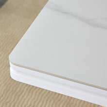 Carregar imagem no visualizador da galeria, White stone burning tabletop with rubber wooden legs, foldable computer desk, foldable office desk, Modern PU leather high back cushion side chair with wood grain metal legs.