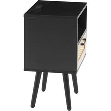 Carregar imagem no visualizador da galeria, 15.75" Rattan End table with Power Outlet & USB Ports, Modern nightstand with drawer and solid wood legs, side table for living roon, bedroom, black
