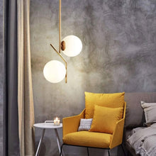 Carregar imagem no visualizador da galeria, BOKT Mid Century Modern Kitchen Pendant Light 2-Lights Chandeliers Lighting Fixture, Golden with White Frosted Glass Globe Lampshade