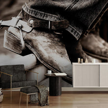 Carregar imagem no visualizador da galeria, Vintage Western Theme Wallpaper. Rustic Cowboy Sepia Wall Mural. #6748