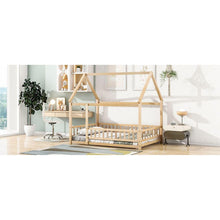 Carregar imagem no visualizador da galeria, Full Size Floor Wooden Bed with House Roof Frame, Fence Guardrails, Natural