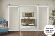 Cargar imagen en el visor de la galería, Lucia 2166 Matte White Double Barn Door with Clear Glass | Silver Finish Rail