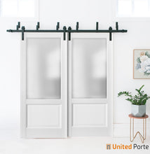 Cargar imagen en el visor de la galería, Lucia 22 White Silk Double Barn Door with Frosted Glass | Black Bypass Rails
