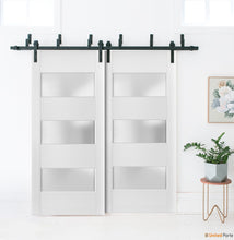 Cargar imagen en el visor de la galería, Lucia 4070 Matte White Double Barn Door with 3 Lites Frosted Glass | Black Bypass Rails