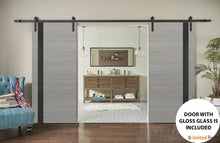 Cargar imagen en el visor de la galería, Planum 0040 Grey Ash Double Barn Door with Black Glass and Black Rail