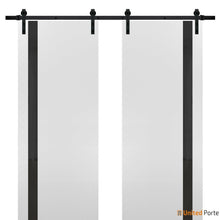Cargar imagen en el visor de la galería, Planum 0040 White Silk Double Barn Door with Black Glass and Black Rail
