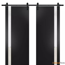 Load image into Gallery viewer, Planum 0040 Matte Black Double Barn Door with White Glass and Black Rail